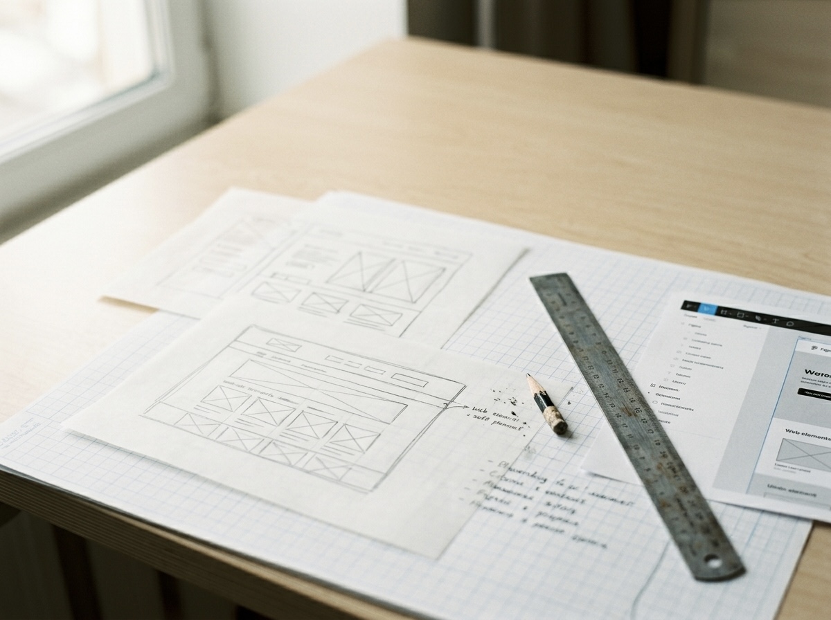 Дизайн — wireframe на бумаге, линейка, карандаш